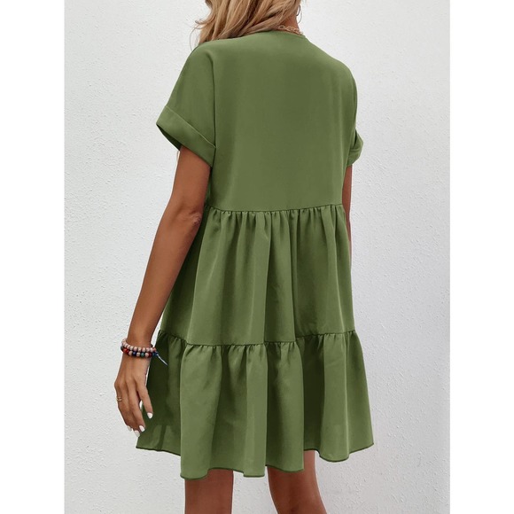 Roll Cuff short sleeve Ruffle Hem mini Dress black - Picture 11 of 11